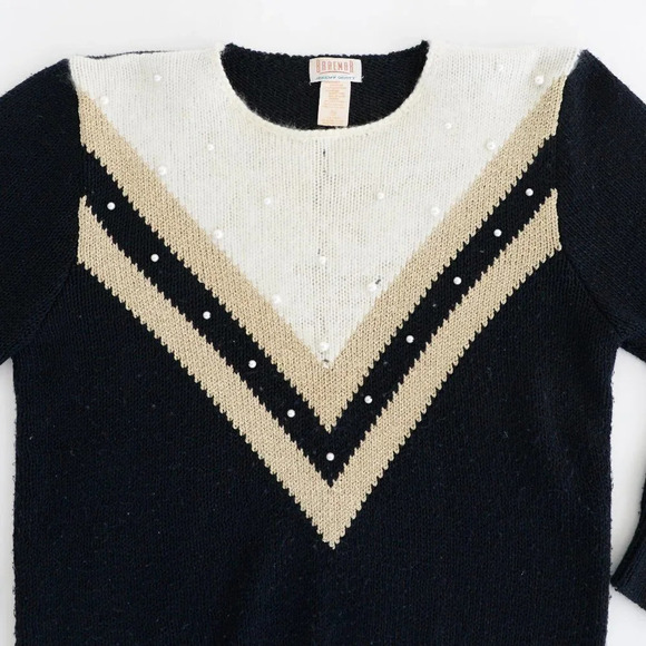 Braemar by Jeremy Scott Cream & Black w Pearls 7% Rabbit Hair Crewneck  Sweater - Picture 9 of 13